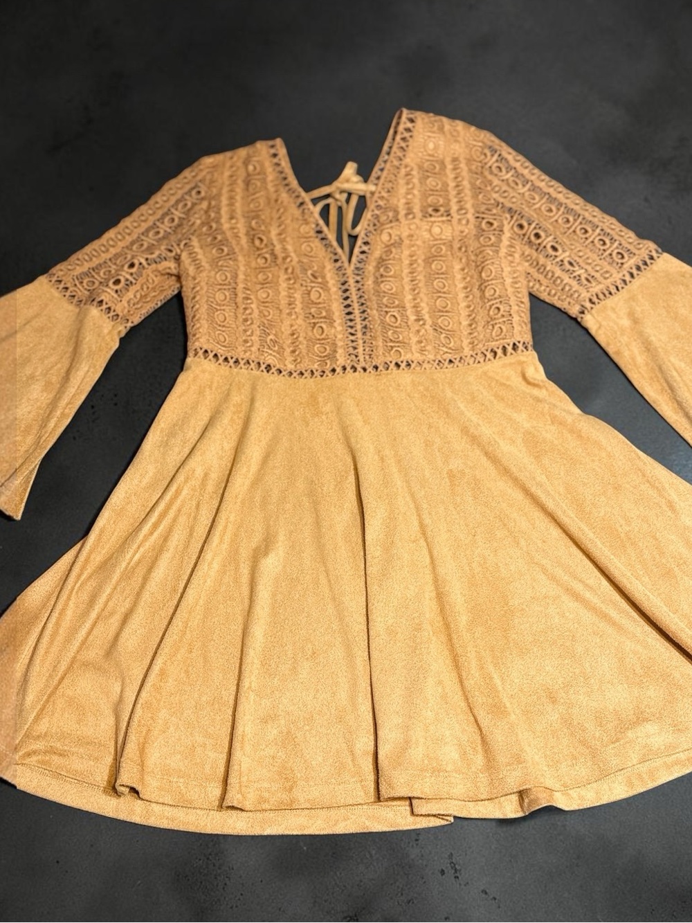 Boho Lace Yoke Mini Dress in Mustard